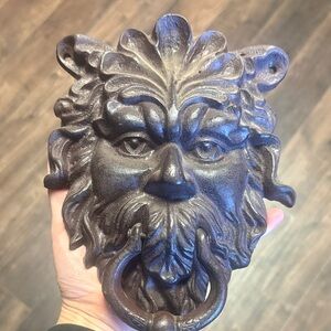 Decorative Cast Metal Green Man Door Knocker - Dark Brown Finish
